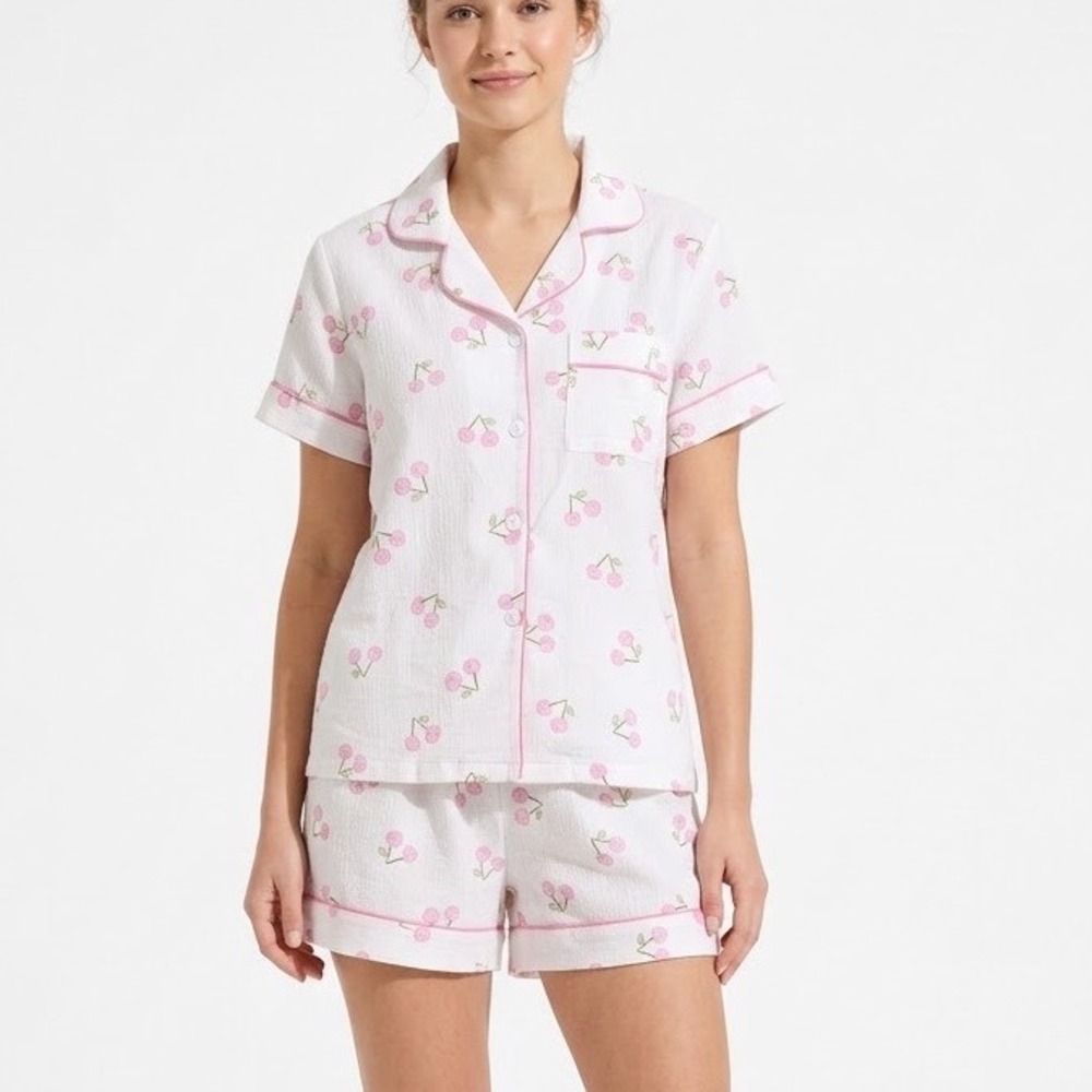 Pretty Sleepwear Pink Cherry Print Seersucker Pajama Set Short Sleeve Shorts S